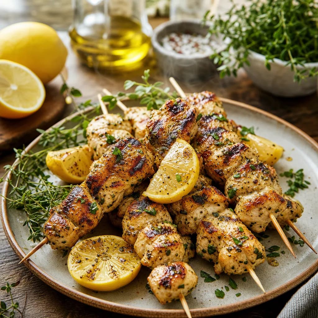 Brochettes de poulet mariné au citron et herbes
