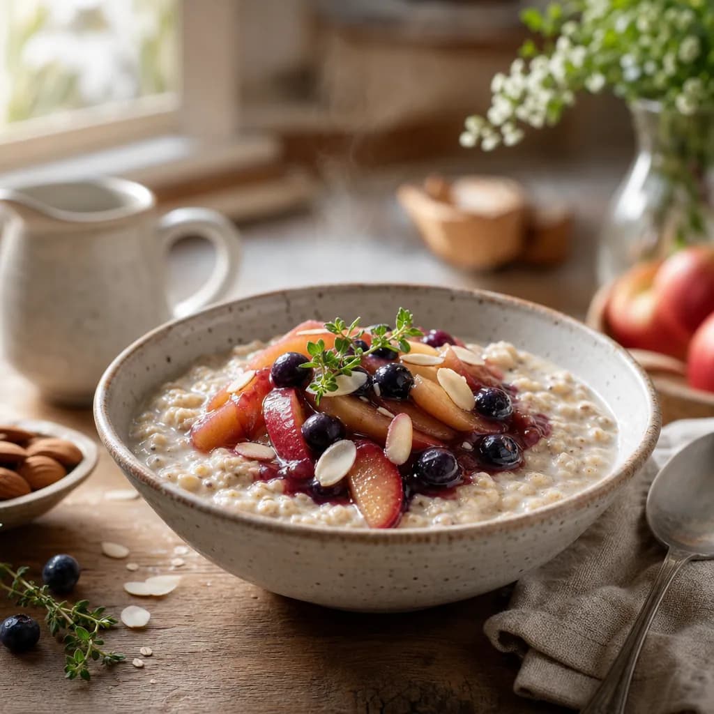 Porridge au lait d'amande, flocons d'avoine et compote pommes-myrtilles