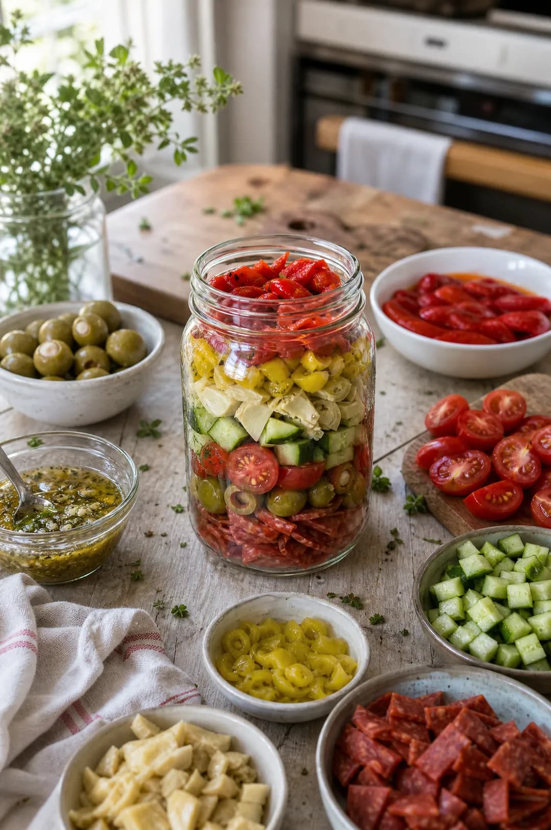 Salade d'antipasti dans un bocal Mason