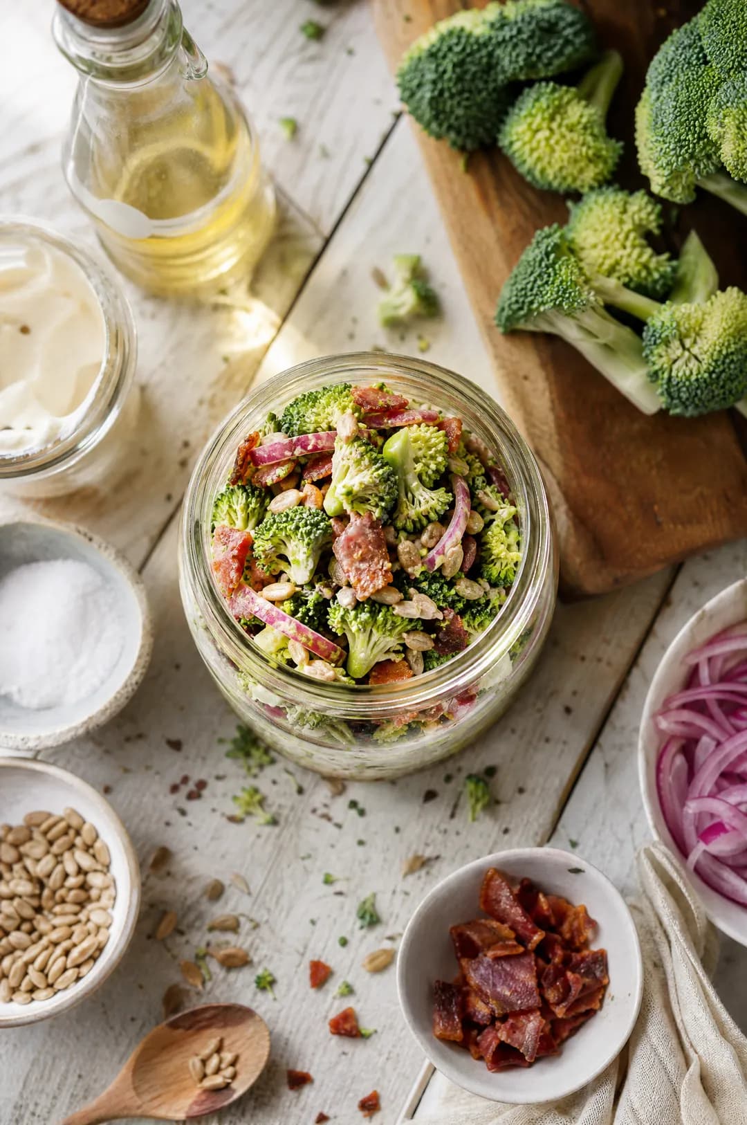 Salade de brocoli aux graines dans un bocal Mason