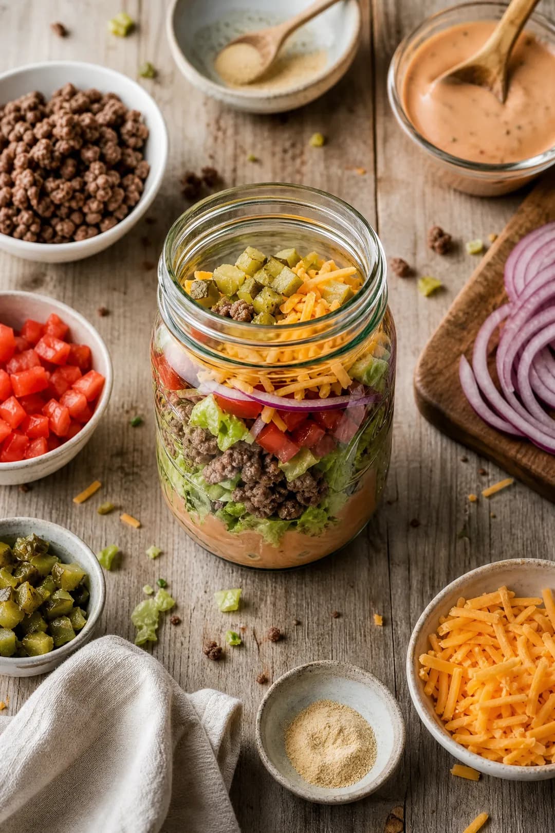 Salade de cheeseburger dans un bocal Mason
