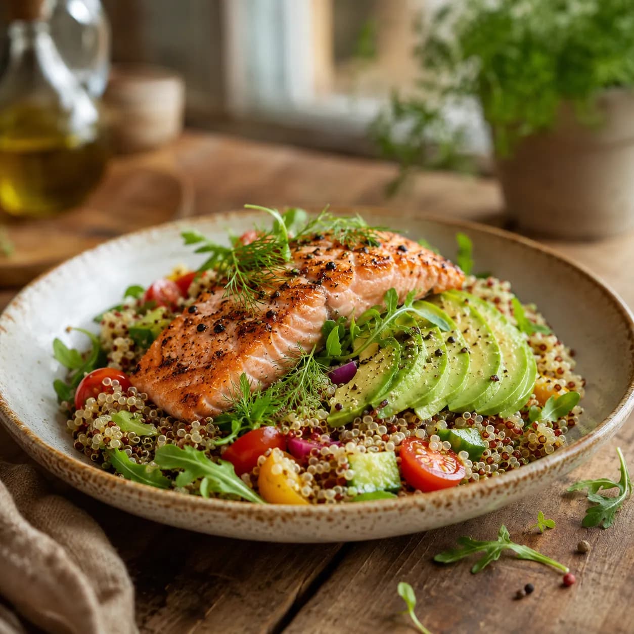 Salade tiède de quinoa, saumon & avocat