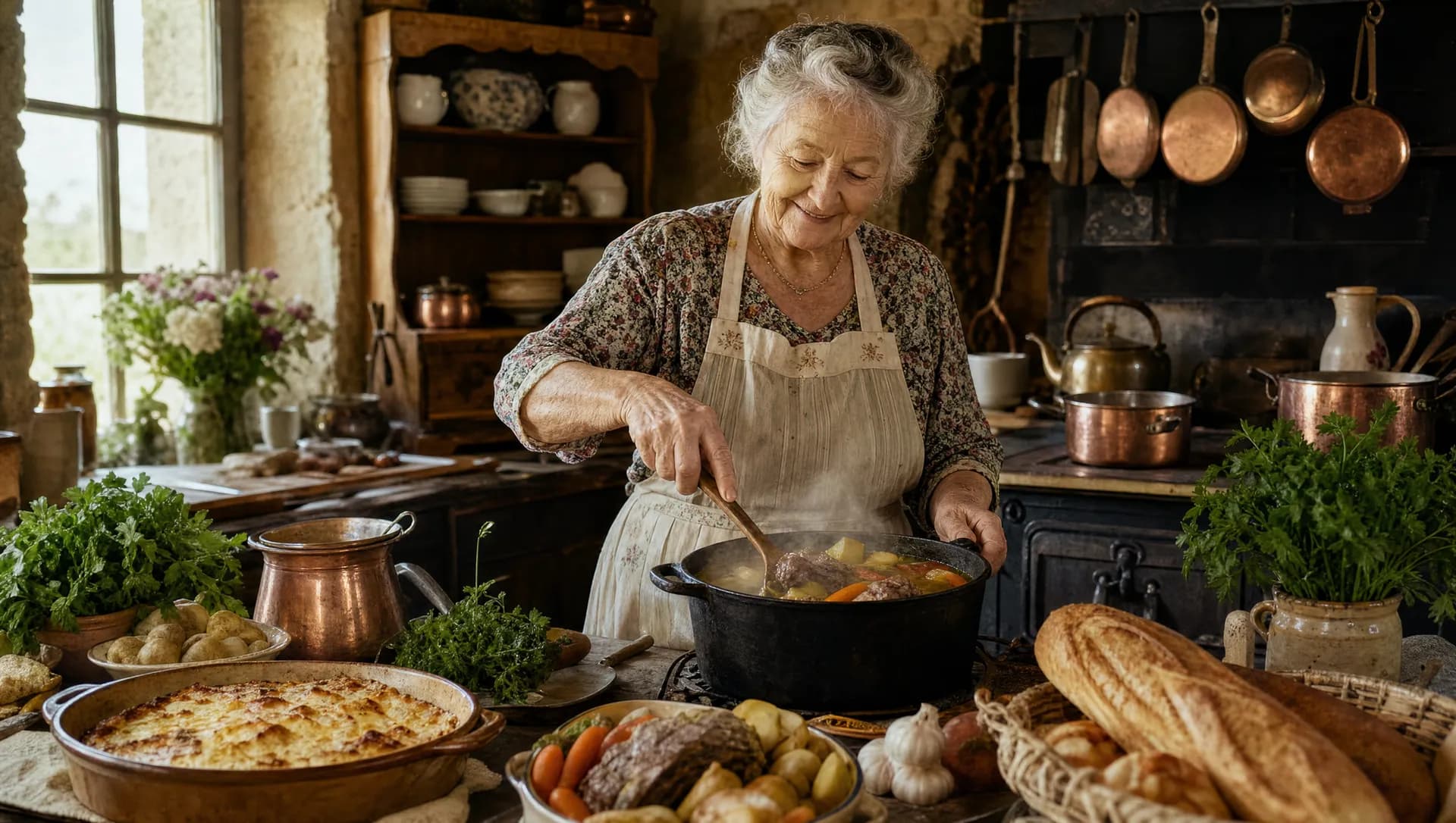 Cuisine de ferme française : grand-mère aux fourneaux, cuivres, pain et légumes de saison