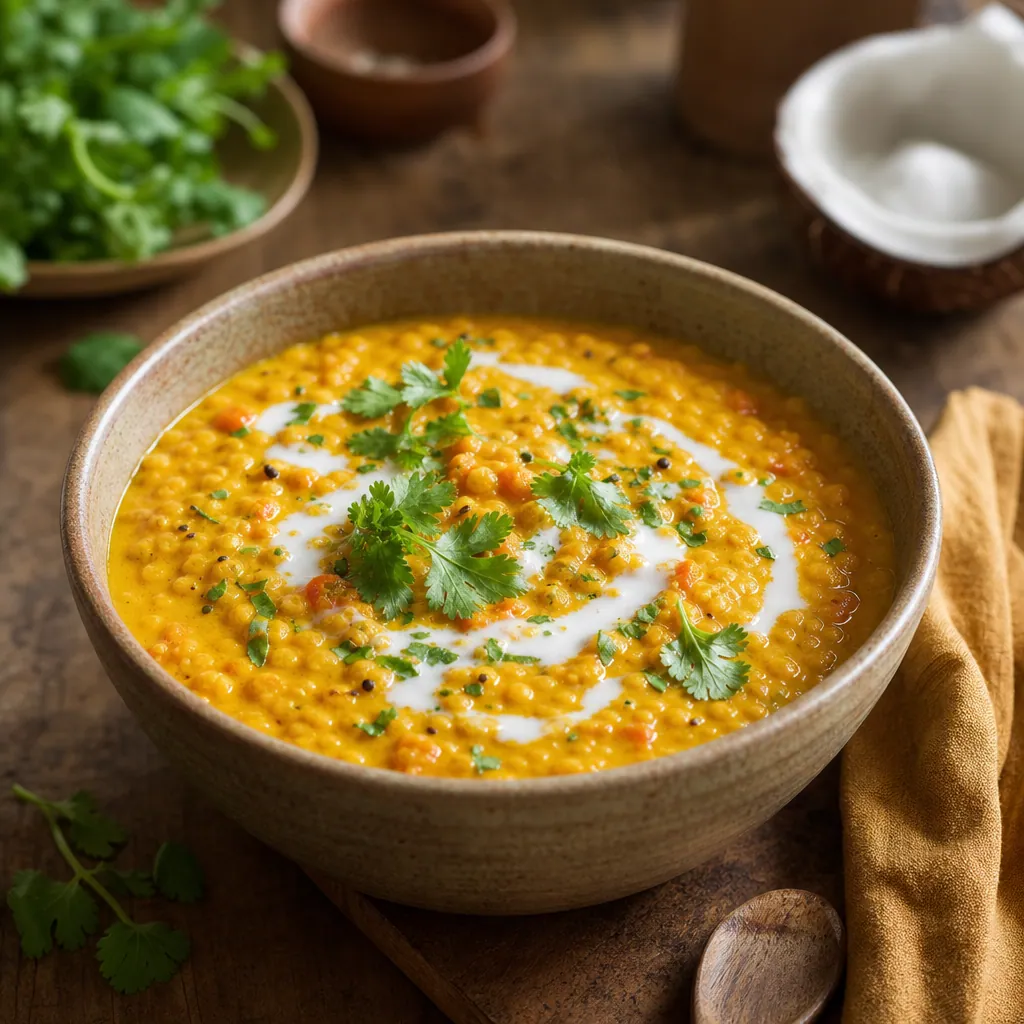 Dal de lentilles corail au curcuma et lait de coco