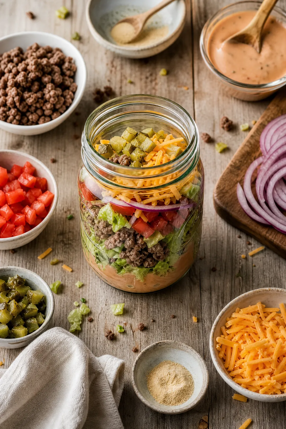 Salade de cheeseburger dans un bocal Mason