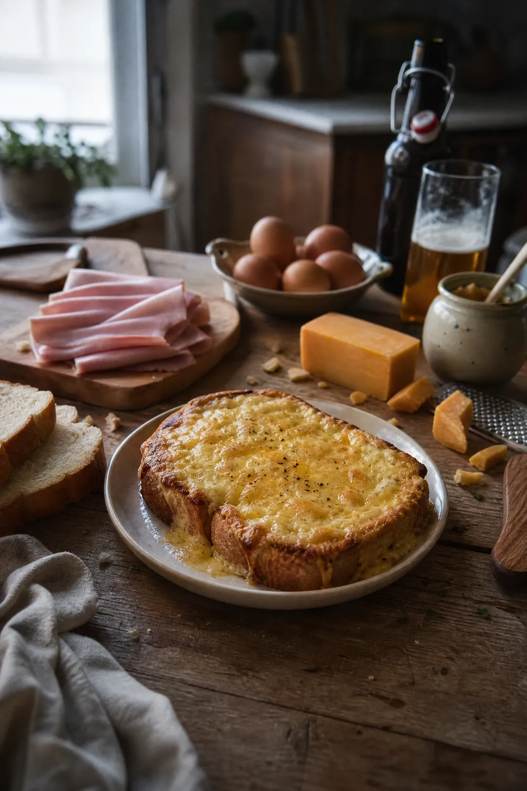 Welsh rarebit — Pain toasté et jambon blanc sous un cheddar fondu à la ...